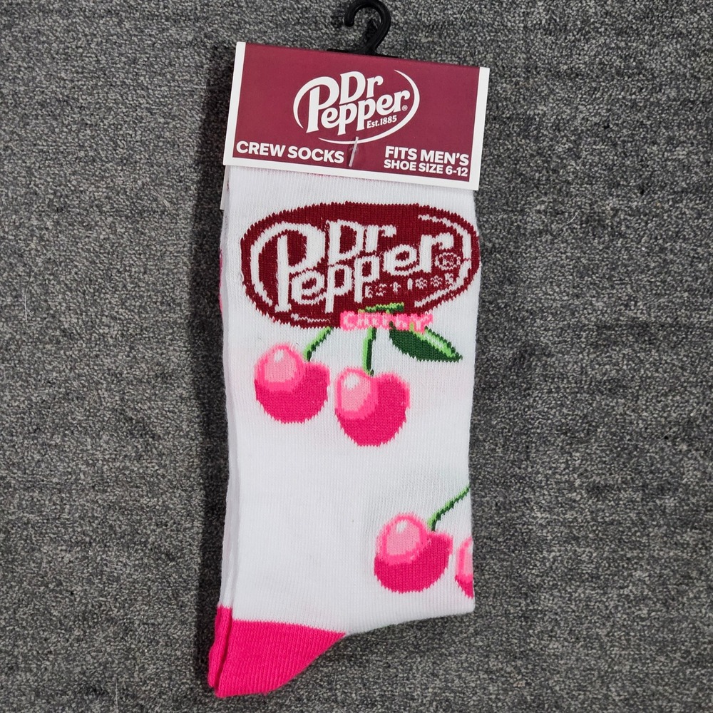 Dr Pepper Cherry Crew Socks Mens Shoe Size 6-12 White Pink Soda Logo